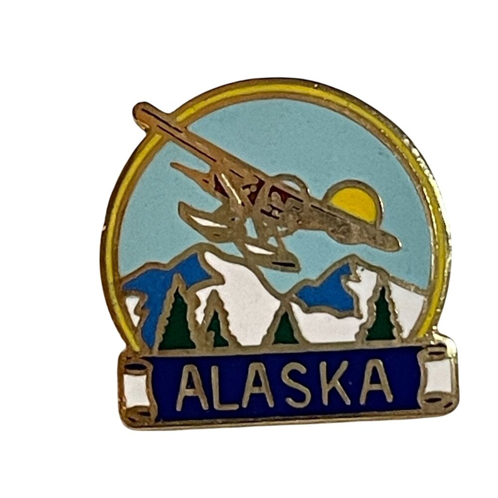 Alaska Souvenir Epoxy Tie Lapel Pin Script Sea Airplane and Mountain Design u